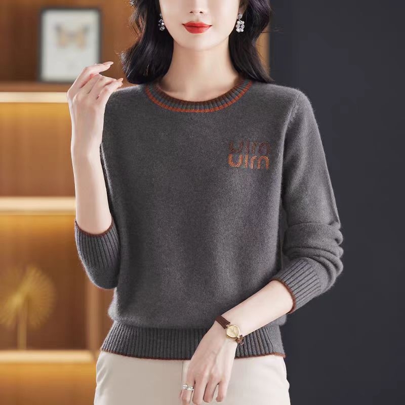 Pulover din lână pentru femei, gros, croială lejeră, guler semi-turtleneck, mâneci lungi, imprimeu text, toamna 2025