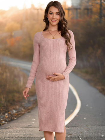 Rochie cu decolteu în V, mâneci lungi, țesătură bumbac-poliester, 95% poliester, lungime midi