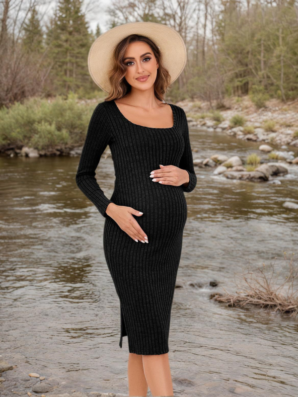 Rochie cu decolteu în V, mâneci lungi, țesătură bumbac-poliester, 95% poliester, lungime midi