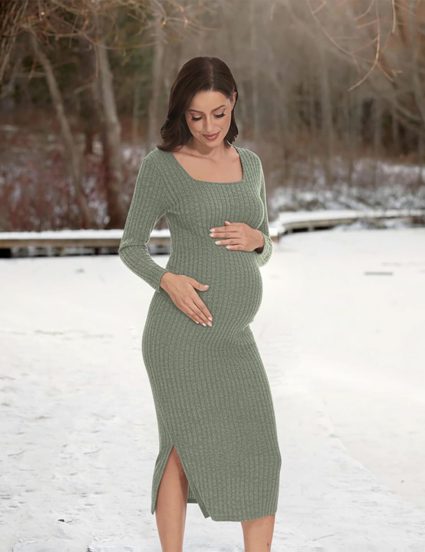 Rochie cu decolteu în V, mâneci lungi, țesătură bumbac-poliester, 95% poliester, lungime midi