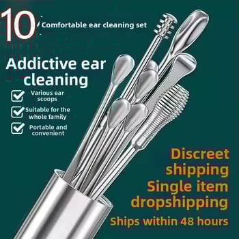Nerezová oceľová sada 10 dielov ušných lyžičiek s úložnou krabičkou na odstránenie ušného mazu a masáž zvukovodu