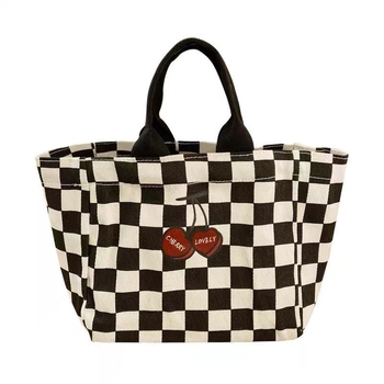 Geantă Tote din pânză cu imprimeu carouri și cireșe, formă pătrată mică, deschidere deschisă, buzunar pentru ID, bretele duble, căptușeală Oxford