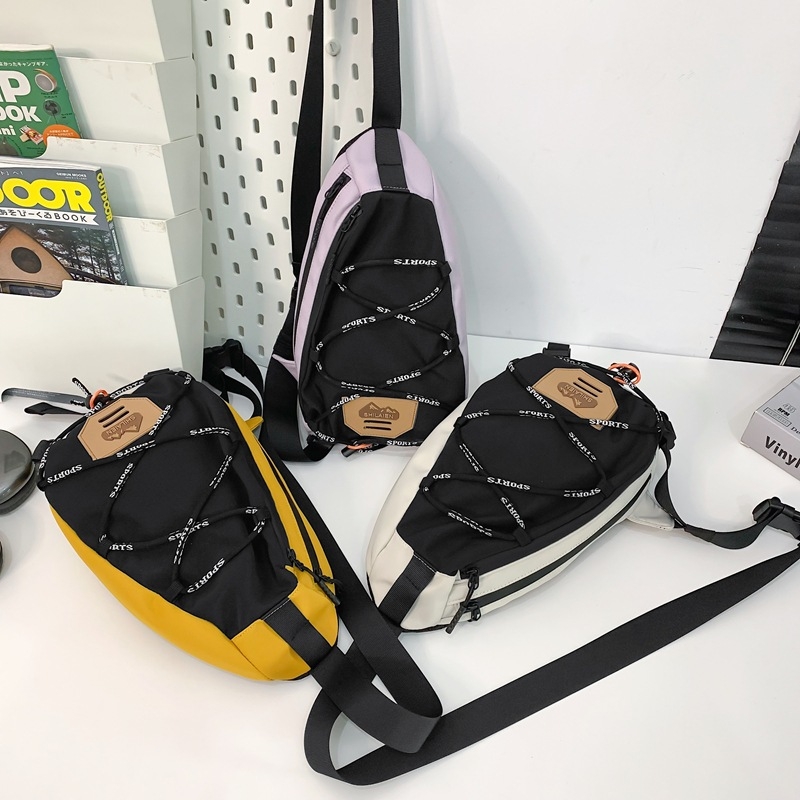 Geantă piept nylon, model carouri, stil urban, crossbody, fermoar, buzunar intern pentru telefon