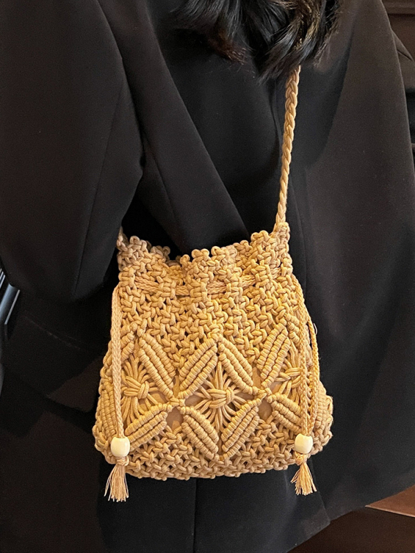 Bucket bag od pletene materije | Urbani jednostavan stil | Zatvaranje šniranjem | Unutarnji džep sa zatvaračem | Podstava: poliester