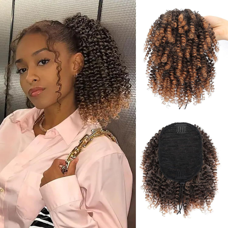 Perucă cu coadă de cal, fibre de înaltă temperatură, bucle mici, pentru femei