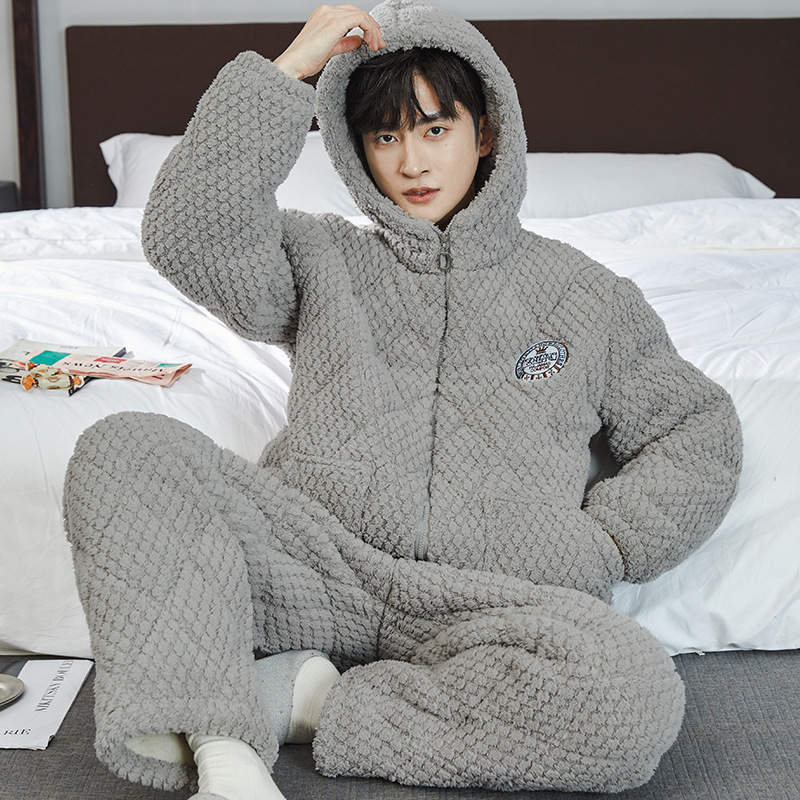 Set de pijamale din fleece coral, 100% poliester; ultra gros 501-600 g/m2; guler cu stand; mâneci lungi; pantaloni lungi