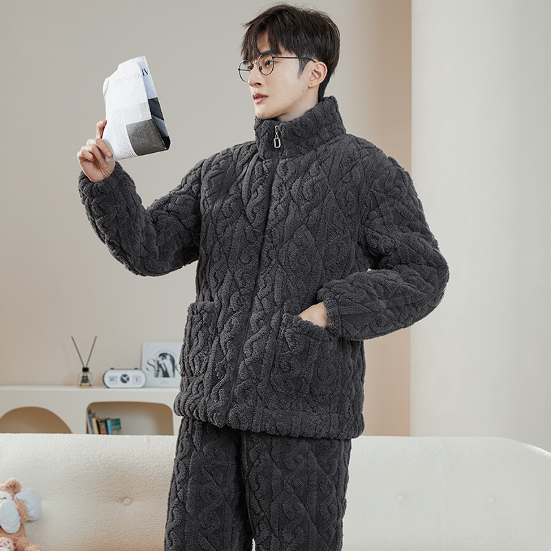 Set de pijamale din fleece coral, 100% poliester; ultra gros 501-600 g/m2; guler cu stand; mâneci lungi; pantaloni lungi