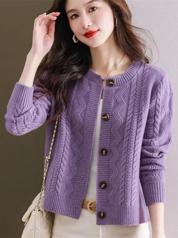 Cardigan tricotat pentru femei, cu nasture frontal, croială lejeră, guler rotund, material din lână de oaie cu viscoză și nailon