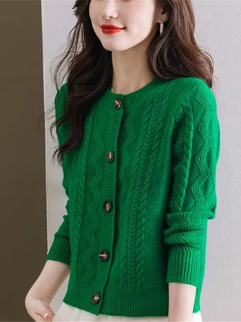 Cardigan tricotat pentru femei, cu nasture frontal, croială lejeră, guler rotund, material din lână de oaie cu viscoză și nailon