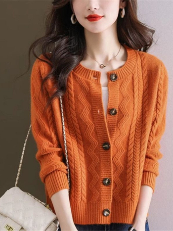 Cardigan tricotat pentru femei, cu nasture frontal, croială lejeră, guler rotund, material din lână de oaie cu viscoză și nailon