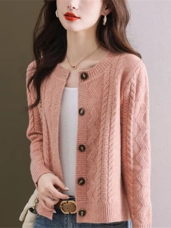 Cardigan tricotat pentru femei, cu nasture frontal, croială lejeră, guler rotund, material din lână de oaie cu viscoză și nailon