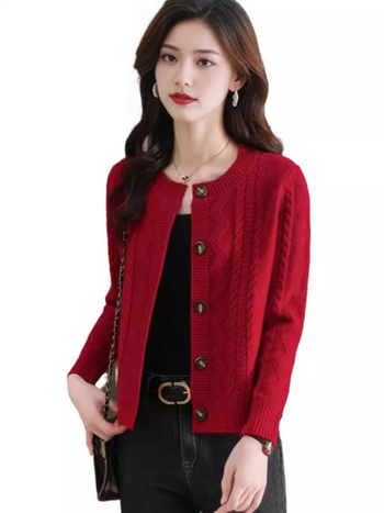 Cardigan tricotat pentru femei, cu nasture frontal, croială lejeră, guler rotund, material din lână de oaie cu viscoză și nailon