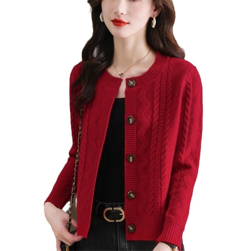 Cardigan tricotat pentru femei, cu nasture frontal, croială lejeră, guler rotund, material din lână de oaie cu viscoză și nailon