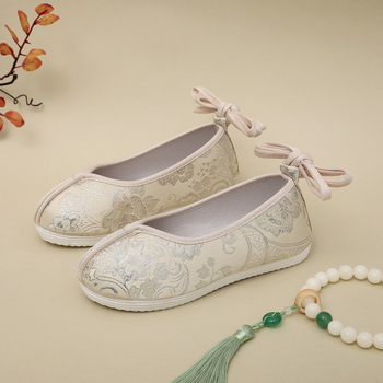 Detské Hanfu topánky s vnútorným zväčšením výšky, Slip-On, brokátová tkanina, kvetinový vzor, klinový podpätok 3–5 cm