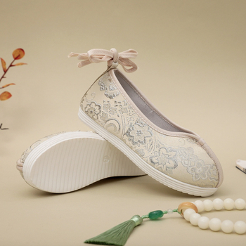 Detské Hanfu topánky s vnútorným zväčšením výšky, Slip-On, brokátová tkanina, kvetinový vzor, klinový podpätok 3–5 cm