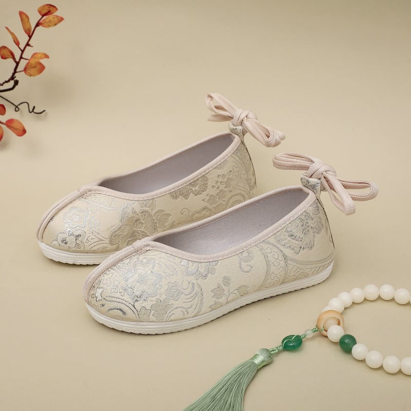 Detské Hanfu topánky s vnútorným zväčšením výšky, Slip-On, brokátová tkanina, kvetinový vzor, klinový podpätok 3–5 cm