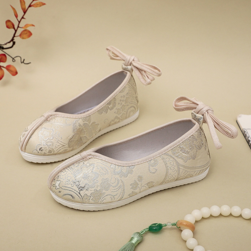 Detské Hanfu topánky s vnútorným zväčšením výšky, Slip-On, brokátová tkanina, kvetinový vzor, klinový podpätok 3–5 cm