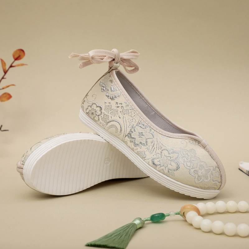 Detské Hanfu topánky s vnútorným zväčšením výšky, Slip-On, brokátová tkanina, kvetinový vzor, klinový podpätok 3–5 cm