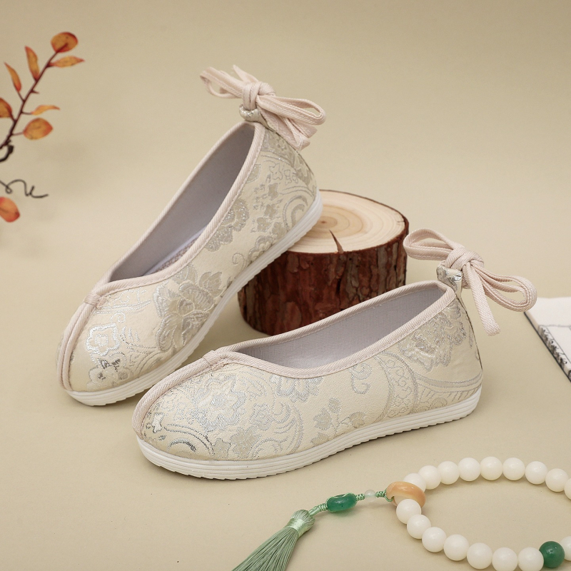 Detské Hanfu topánky s vnútorným zväčšením výšky, Slip-On, brokátová tkanina, kvetinový vzor, klinový podpätok 3–5 cm