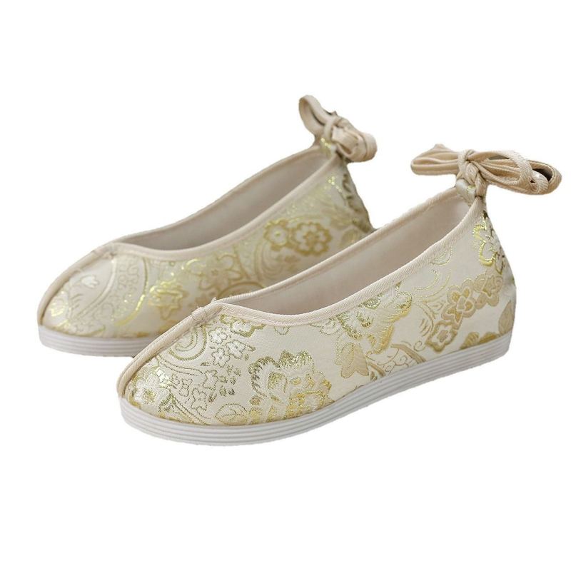 Detské Hanfu topánky s vnútorným zväčšením výšky, Slip-On, brokátová tkanina, kvetinový vzor, klinový podpätok 3–5 cm