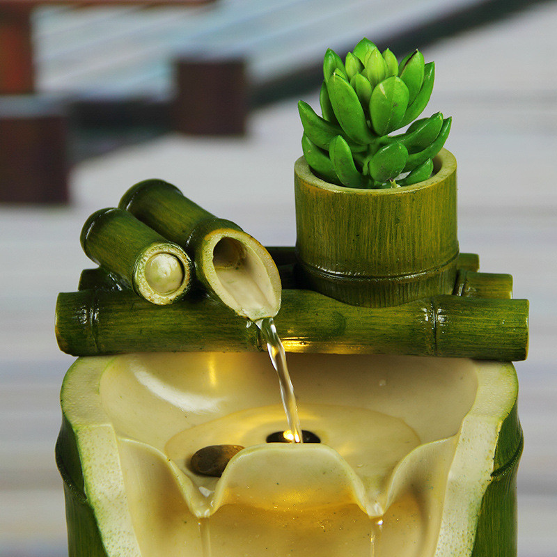 Roata Feng Shui a bogăției cu bambus — ornament fântână de apă din rășină, imprimare Inkjet, vopsit și lustruit, pentru birou sau spațiu de lucru