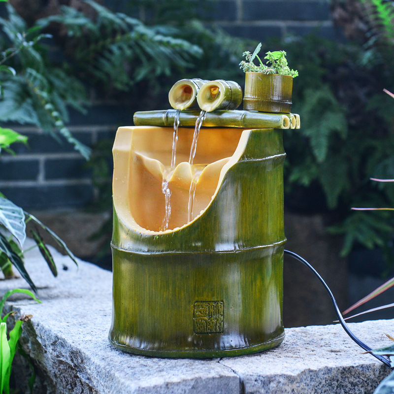 Roata Feng Shui a bogăției cu bambus — ornament fântână de apă din rășină, imprimare Inkjet, vopsit și lustruit, pentru birou sau spațiu de lucru