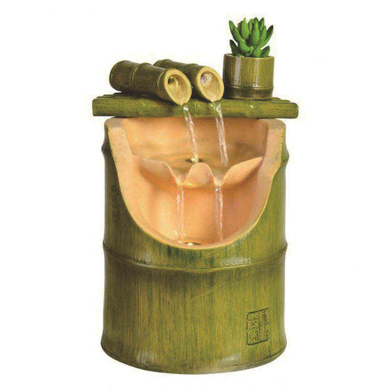Roata Feng Shui a bogăției cu bambus — ornament fântână de apă din rășină, imprimare Inkjet, vopsit și lustruit, pentru birou sau spațiu de lucru