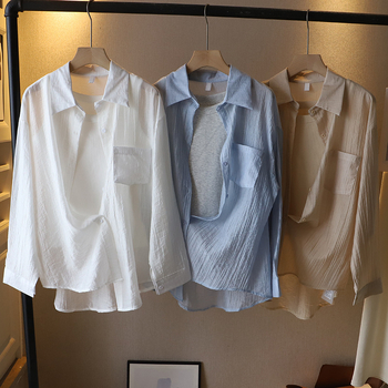 Košeľa pre ženy - voľný strih, dlhé ruky, golier rever, zapínanie na jednu radu gombov, tkanina: zmes Tencel/Lyocell a polyester, polyester 80–90%, štýl: svieži a sladký, dĺžka: stredná 65–80 cm