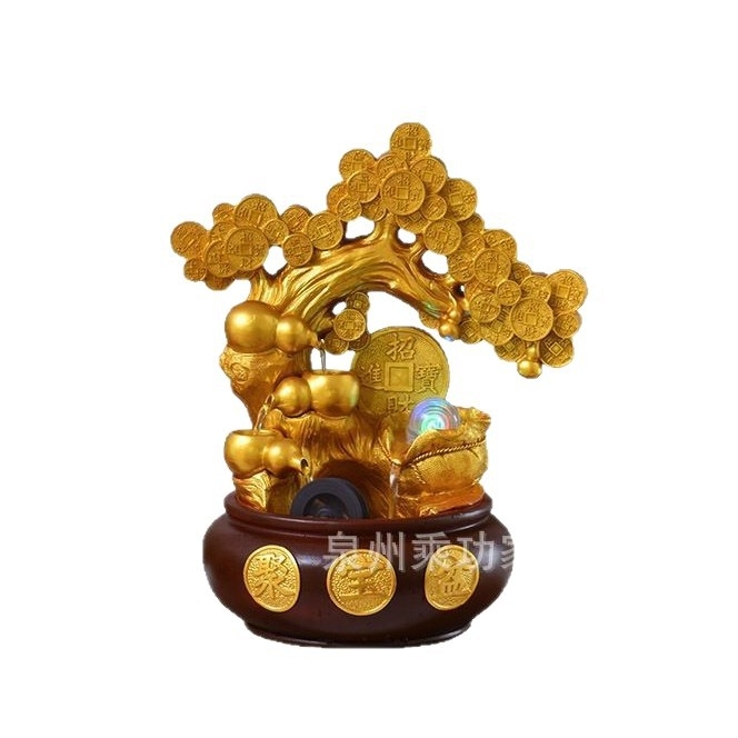 Copacul norocului – ornament pentru birou cu apă în circulație, Feng Shui, rășină sintetică, suprafață vopsită, meșteșug: pictură, gravură, sculptură