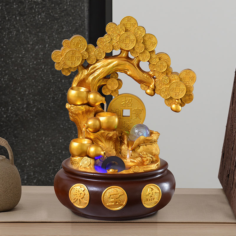 Copacul norocului – ornament pentru birou cu apă în circulație, Feng Shui, rășină sintetică, suprafață vopsită, meșteșug: pictură, gravură, sculptură