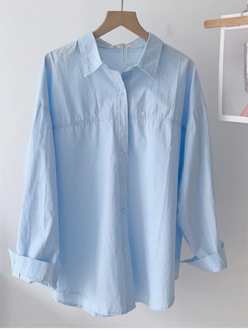 Dámska bavlnená košeľa-blejzer s dlhým rukávom, polo golier, voľný strih, stredná dĺžka