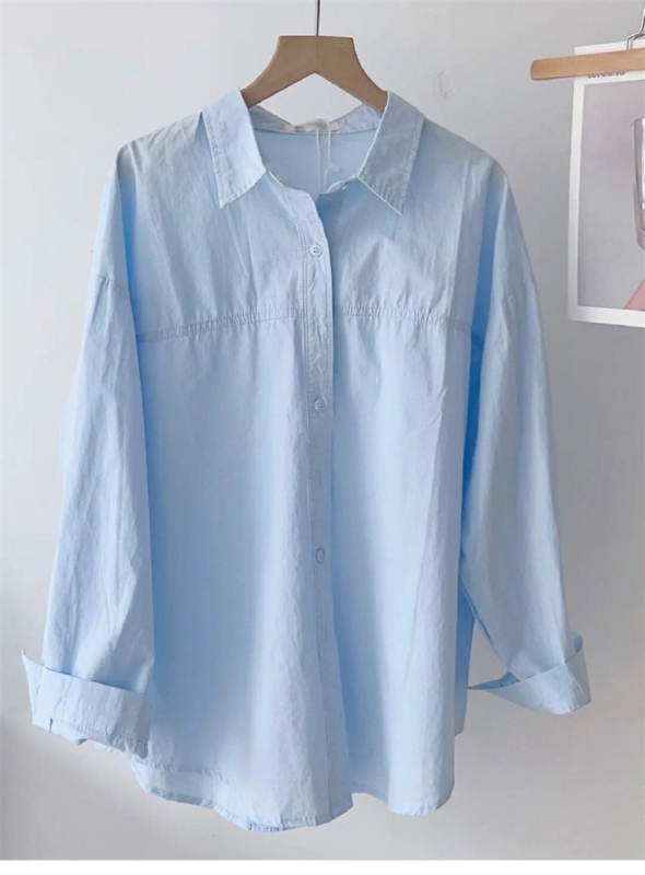 Dámska bavlnená košeľa-blejzer s dlhým rukávom, polo golier, voľný strih, stredná dĺžka