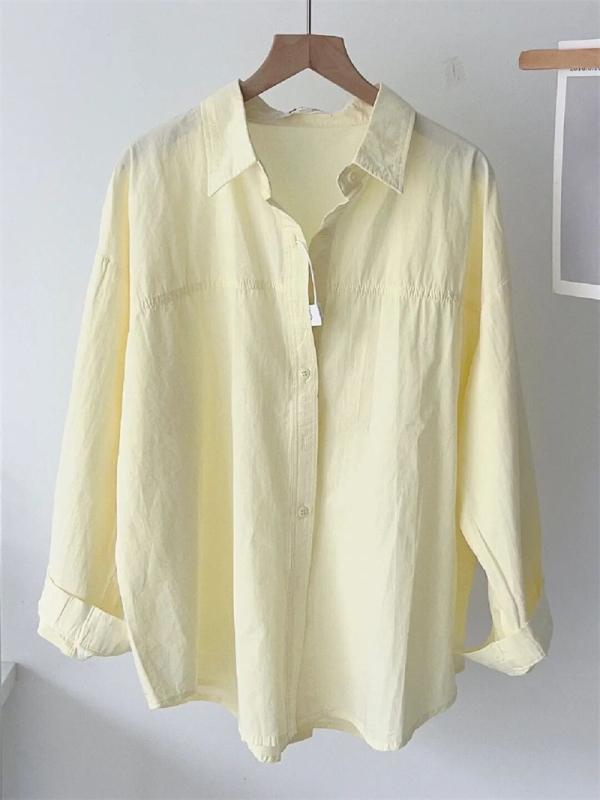 Dámska bavlnená košeľa-blejzer s dlhým rukávom, polo golier, voľný strih, stredná dĺžka