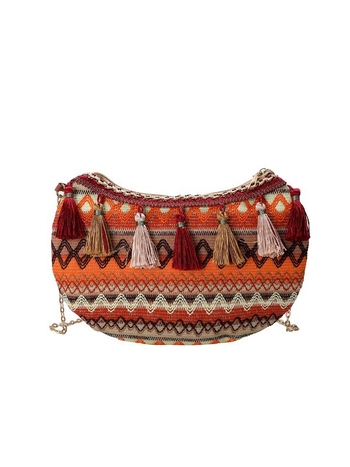 Crossbody torba u etničkom stilu s čipkastom tkaninom, s lancem, ovalnog oblika, zatvarač