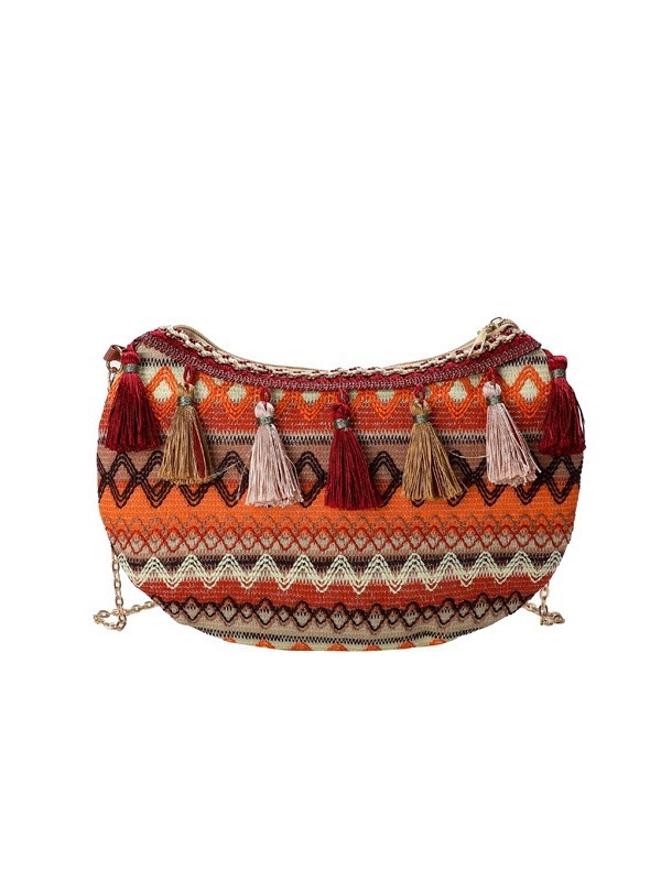 Crossbody torba u etničkom stilu s čipkastom tkaninom, s lancem, ovalnog oblika, zatvarač