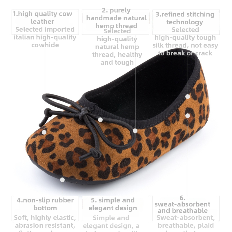 Dječje cipele za princeze s leopard printom, mašna, slip-on, PU gornji dio, protuklizna potplat