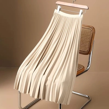 Fustă plisată în linie A, talie înaltă, lungime midi, plisă acordeon și drapaj