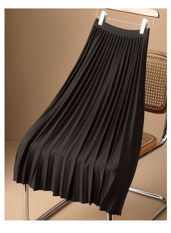 Fustă plisată în linie A, talie înaltă, lungime midi, plisă acordeon și drapaj