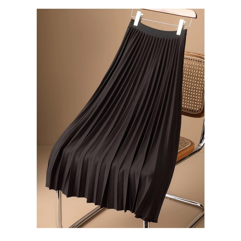 Fustă plisată în linie A, talie înaltă, lungime midi, plisă acordeon și drapaj