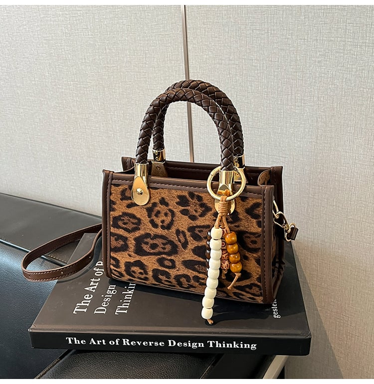 Ženska torba od PU kože s leopard modelom, gradski minimalistički stil, vodoravni kvadratni oblik, zatvaranje na zip, poliesterska podstava