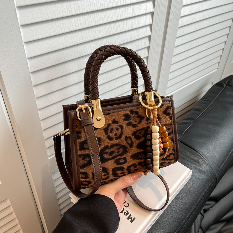 Ženska torba od PU kože s leopard modelom, gradski minimalistički stil, vodoravni kvadratni oblik, zatvaranje na zip, poliesterska podstava