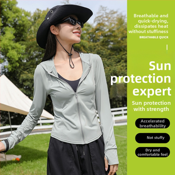 Женско UV-защитно яке с качулка за бягане, тясна кройка, къс модел, цип, UPF50+