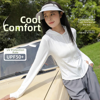 Женско UV-защитно яке с качулка за бягане, тясна кройка, къс модел, цип, UPF50+