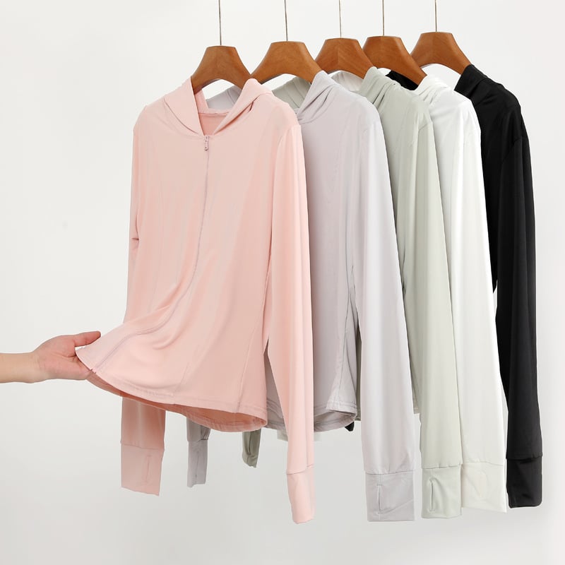 Женско UV-защитно яке с качулка за бягане, тясна кройка, къс модел, цип, UPF50+