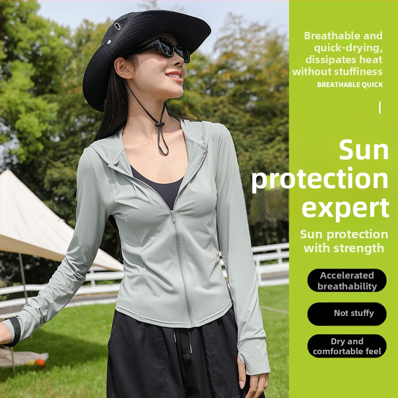 Женско UV-защитно яке с качулка за бягане, тясна кройка, къс модел, цип, UPF50+