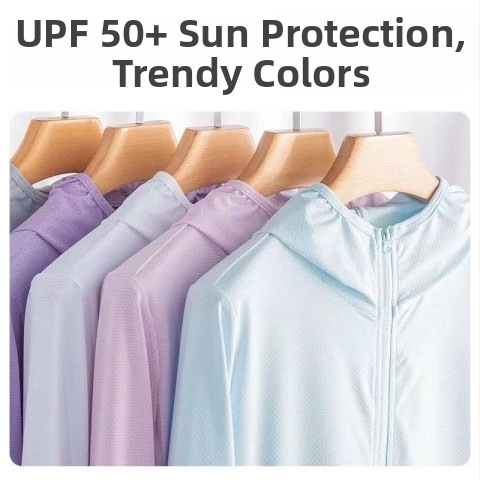 Dámska UPF50+ UV ochranná bunda, priedušná a rýchloschnúca, s kapucňou, Ice Silk látka, hlavná tkanina Lycra (Spandex)