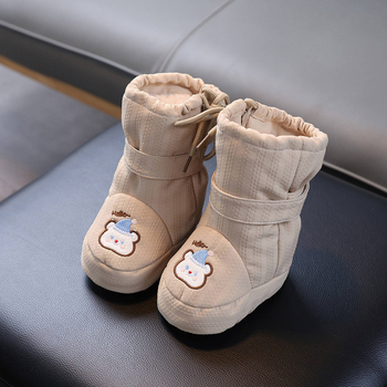 Gyerekeknek szóló téli magas szárú hócsizmák, oldalsó cipzárral, felső textilekből, talp bőr, vastag kialakítás, rajzfilmszerű stílus, tél, 1–3 évesek