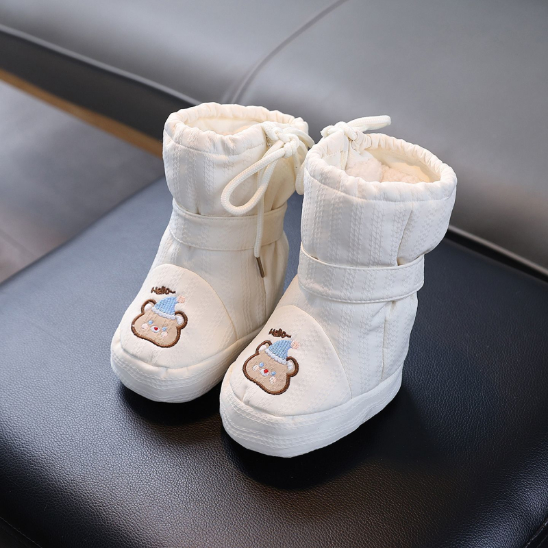 Gyerekeknek szóló téli magas szárú hócsizmák, oldalsó cipzárral, felső textilekből, talp bőr, vastag kialakítás, rajzfilmszerű stílus, tél, 1–3 évesek