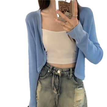 Женски къс плетен кардиган с дълги ръкави от акрил