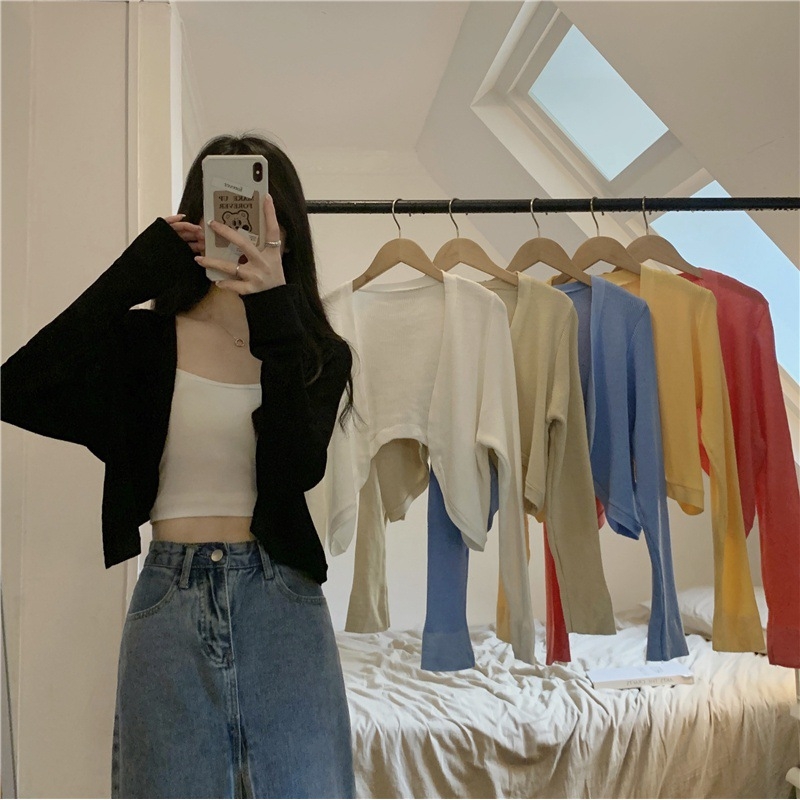 Женски къс плетен кардиган с дълги ръкави от акрил